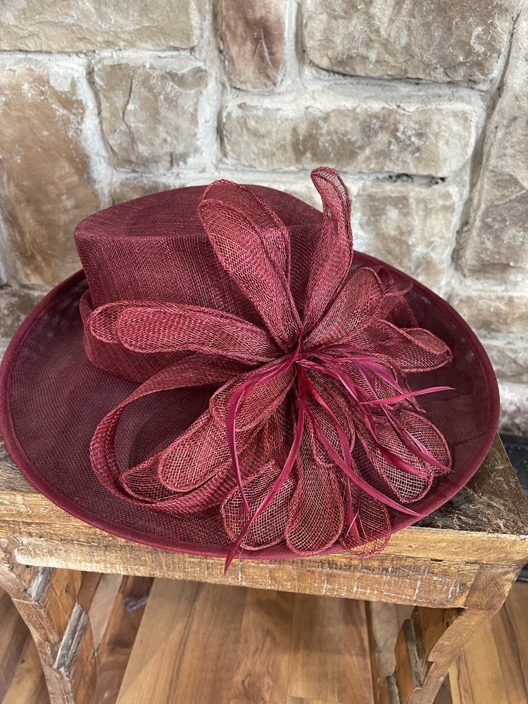 Sophia Collection Burgundy Adjustable Daisy Feather Loop Flax Sinamay Hat O/S
