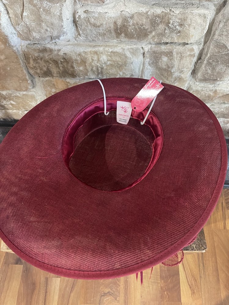 Sophia Collection Burgundy Adjustable Daisy Feather Loop Flax Sinamay Hat O/S