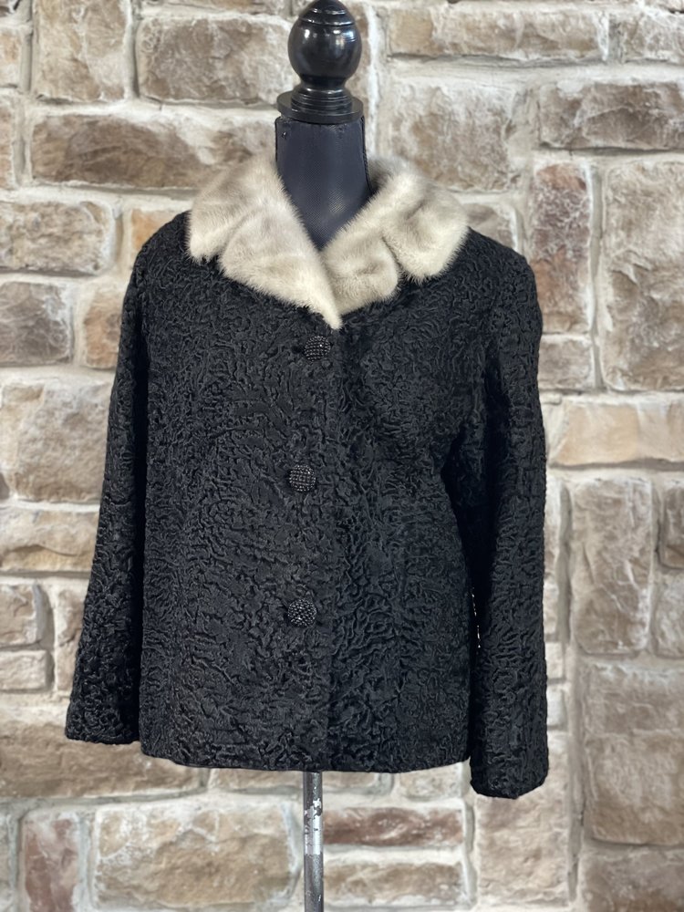 Black Persian Lamb Jacket w/ Mink Collar, Size S