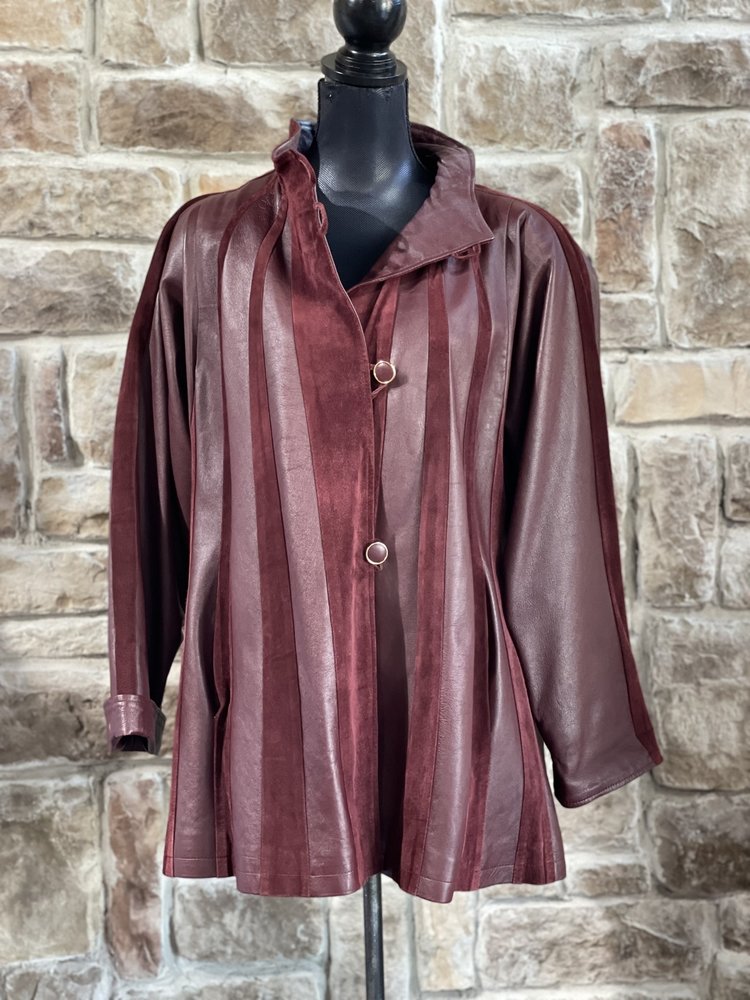 Primadonna Burgundy Leather Swing Coat, Size 1XL