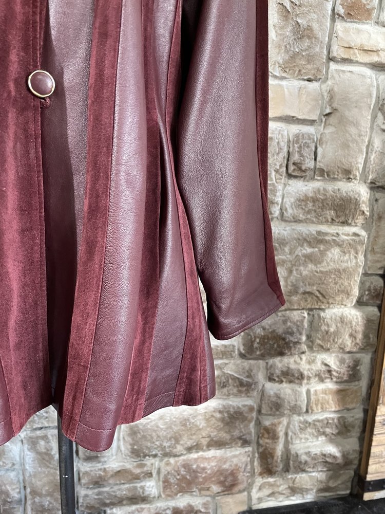 Primadonna Burgundy Leather Swing Coat, Size 1XL