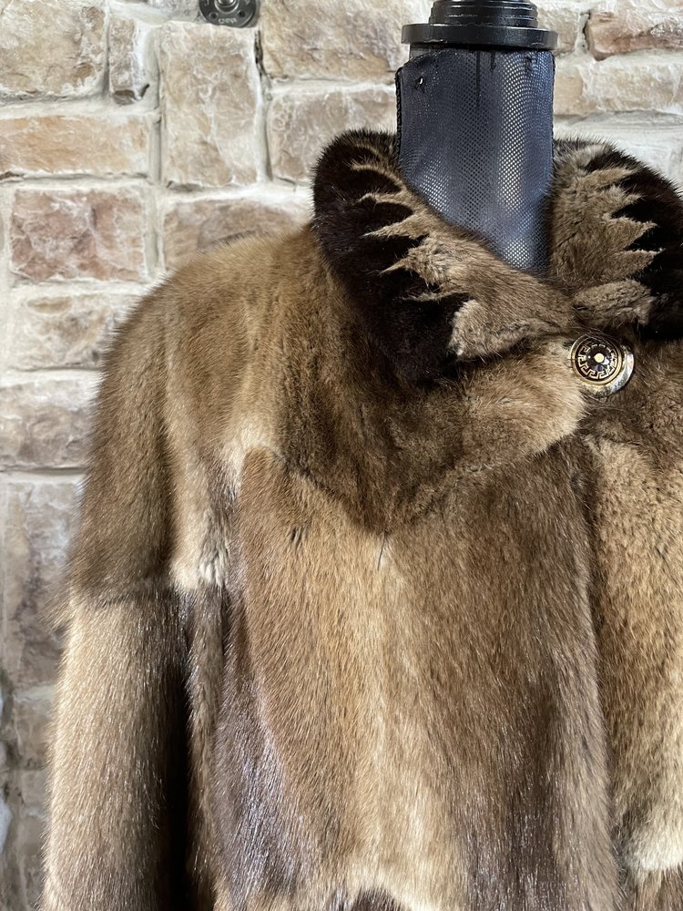 Furs of Distinction Hexagon Patterned Muskrat and Ranch Mink Intarsia Coat, Sz L