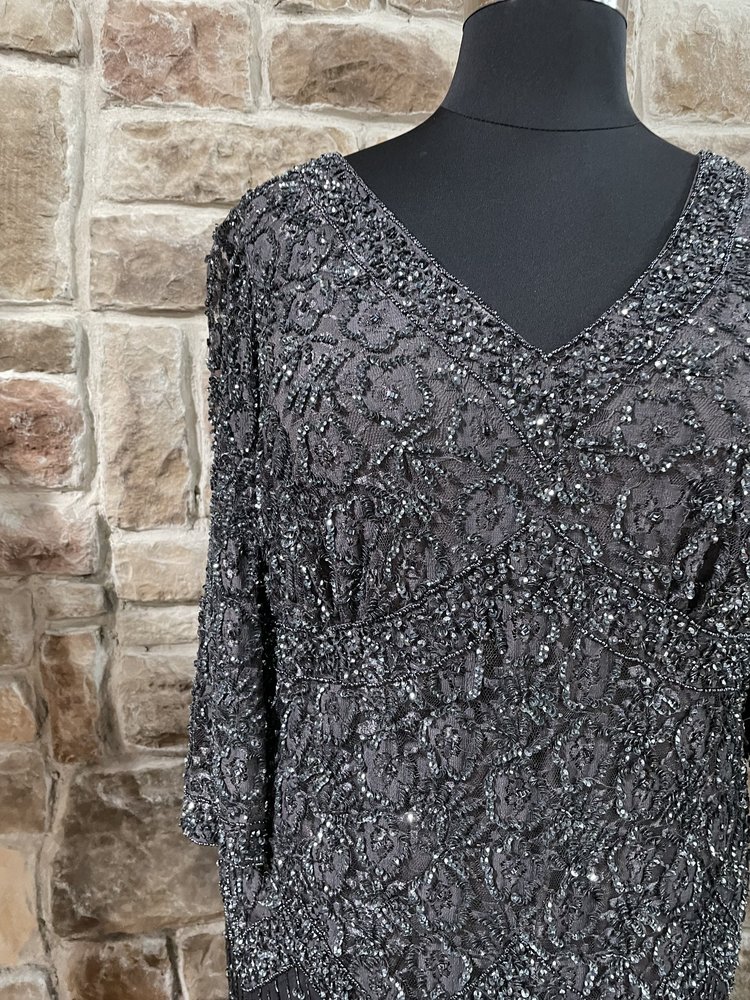 Pisarro Nights Gray Fully Embellished Gown w/ Sleeves, Size 24W