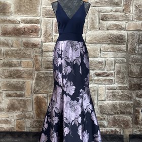 Xscape Navy and Purple Floral Brocade Mesh Insert Gown, Size 12