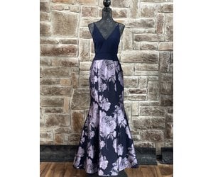 Xscape Navy and Purple Floral Brocade Mesh Insert Gown, Size 12
