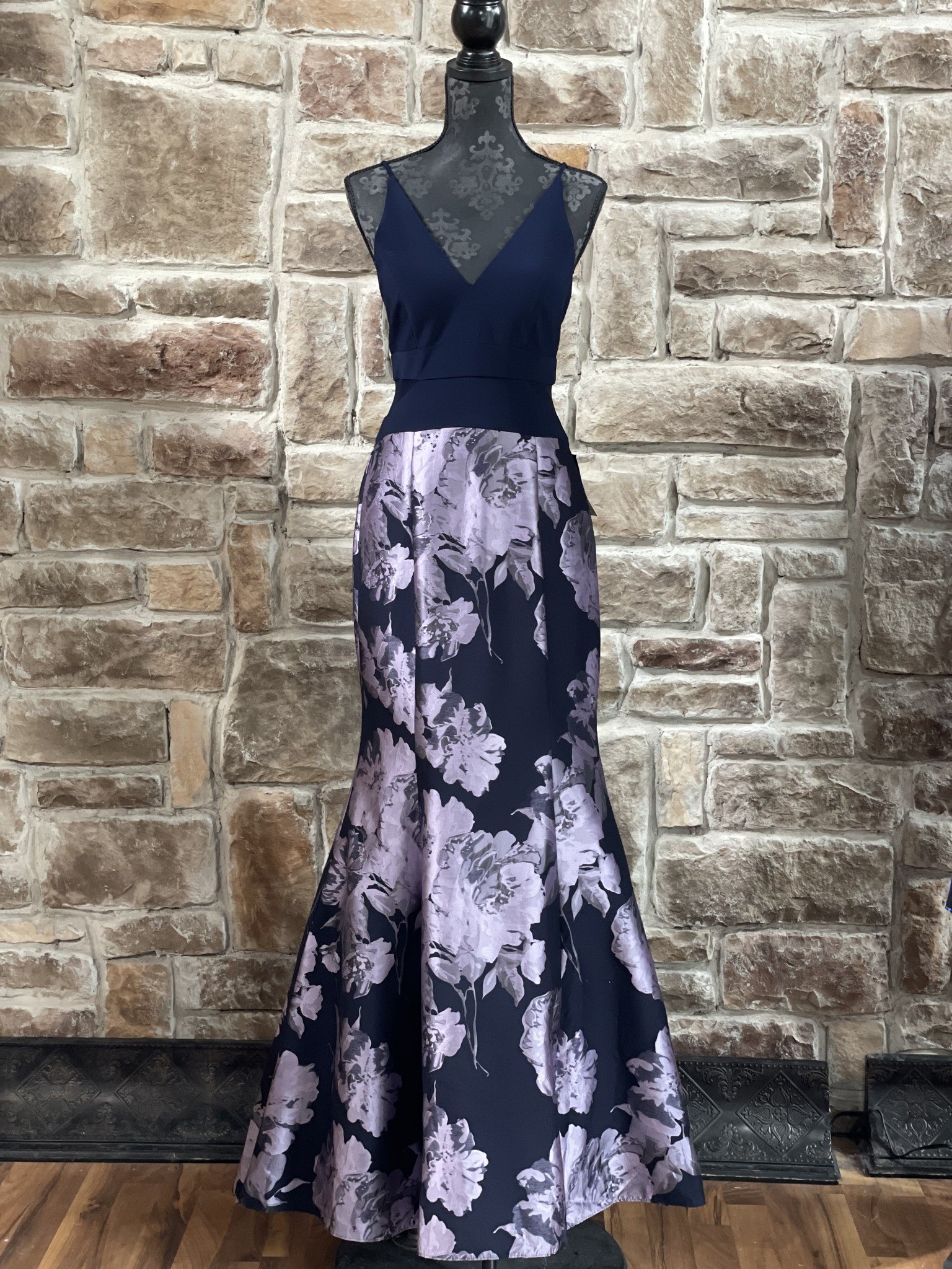 Navy and Purple Floral Brocade Mesh Insert Gown, Size 12