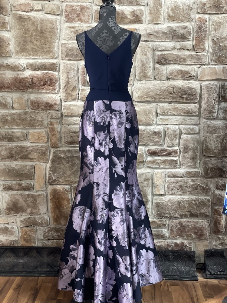 Xscape Navy and Purple Floral Brocade Mesh Insert Gown, Size 12