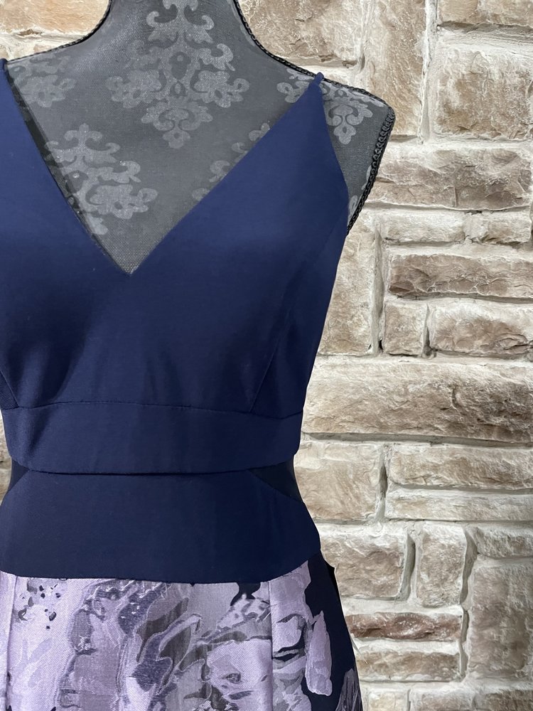 Xscape Navy and Purple Floral Brocade Mesh Insert Gown, Size 12