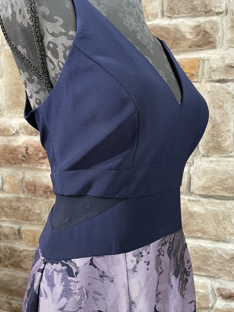 Xscape Navy and Purple Floral Brocade Mesh Insert Gown, Size 12