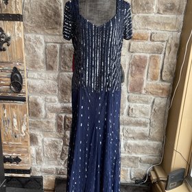 Pisarro Nights Navy Silver Beaded Sequin Gown w/ Sleeves, Size 14