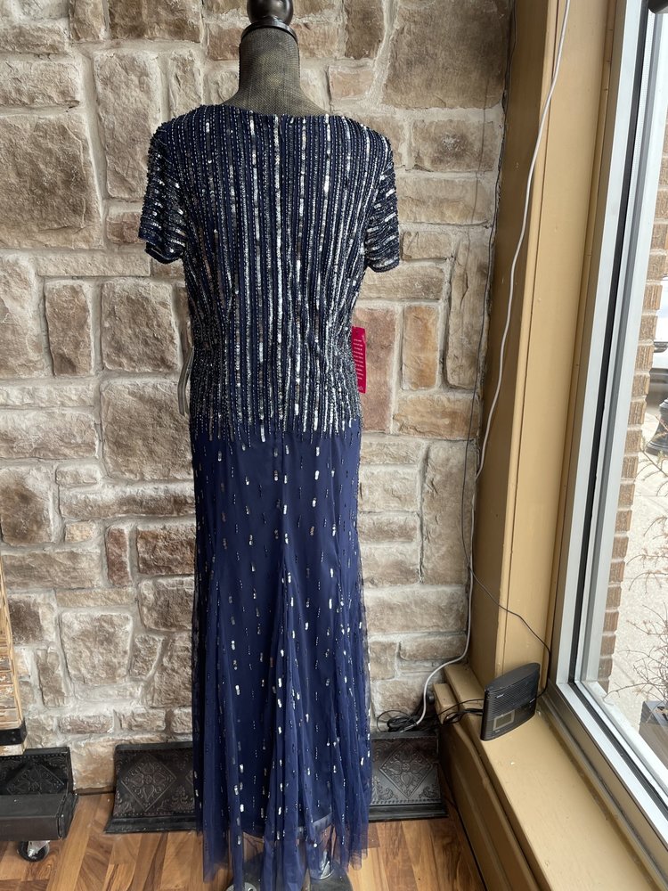 Pisarro Nights Navy Silver Beaded Sequin Gown w/ Sleeves, Size 14