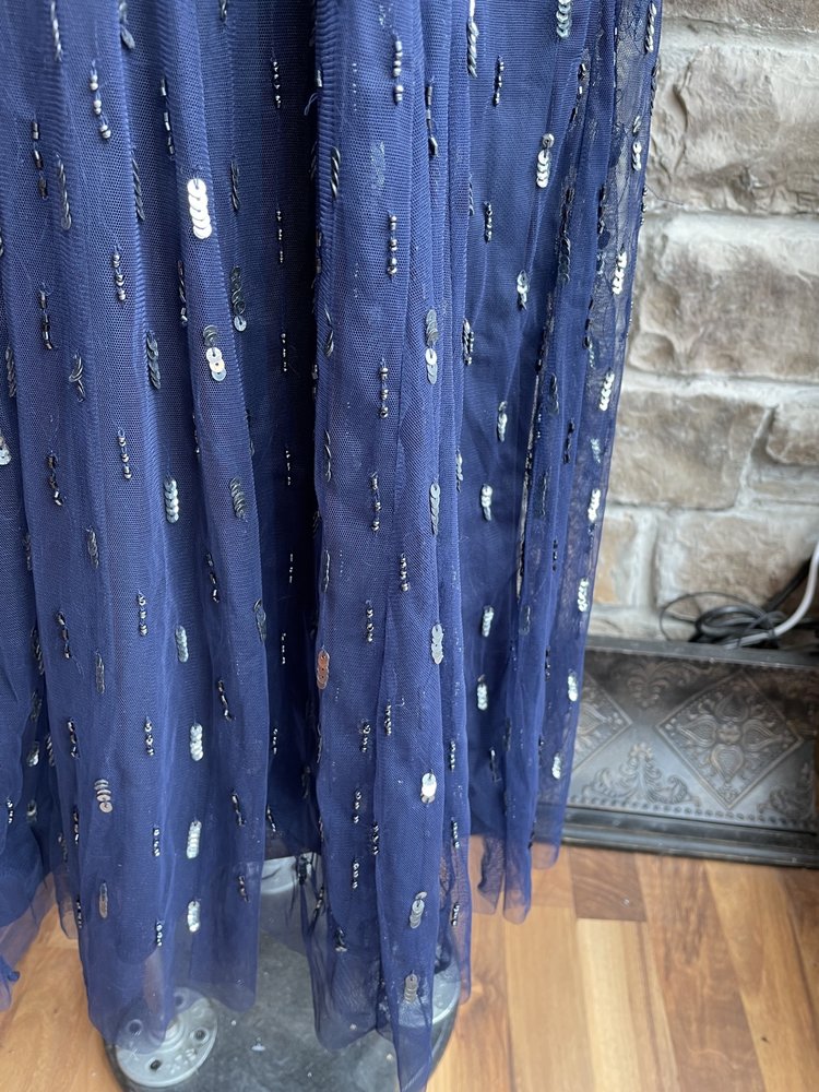 Pisarro Nights Navy Silver Beaded Sequin Gown w/ Sleeves, Size 14