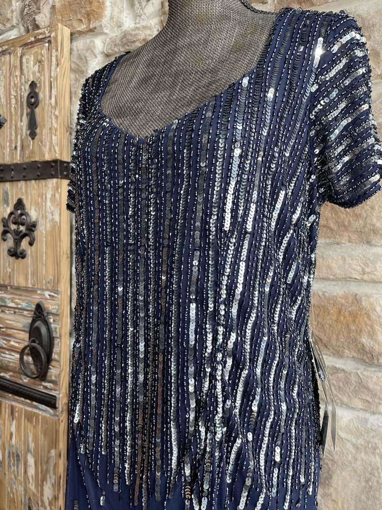 Pisarro Nights Navy Silver Beaded Sequin Gown w/ Sleeves, Size 14