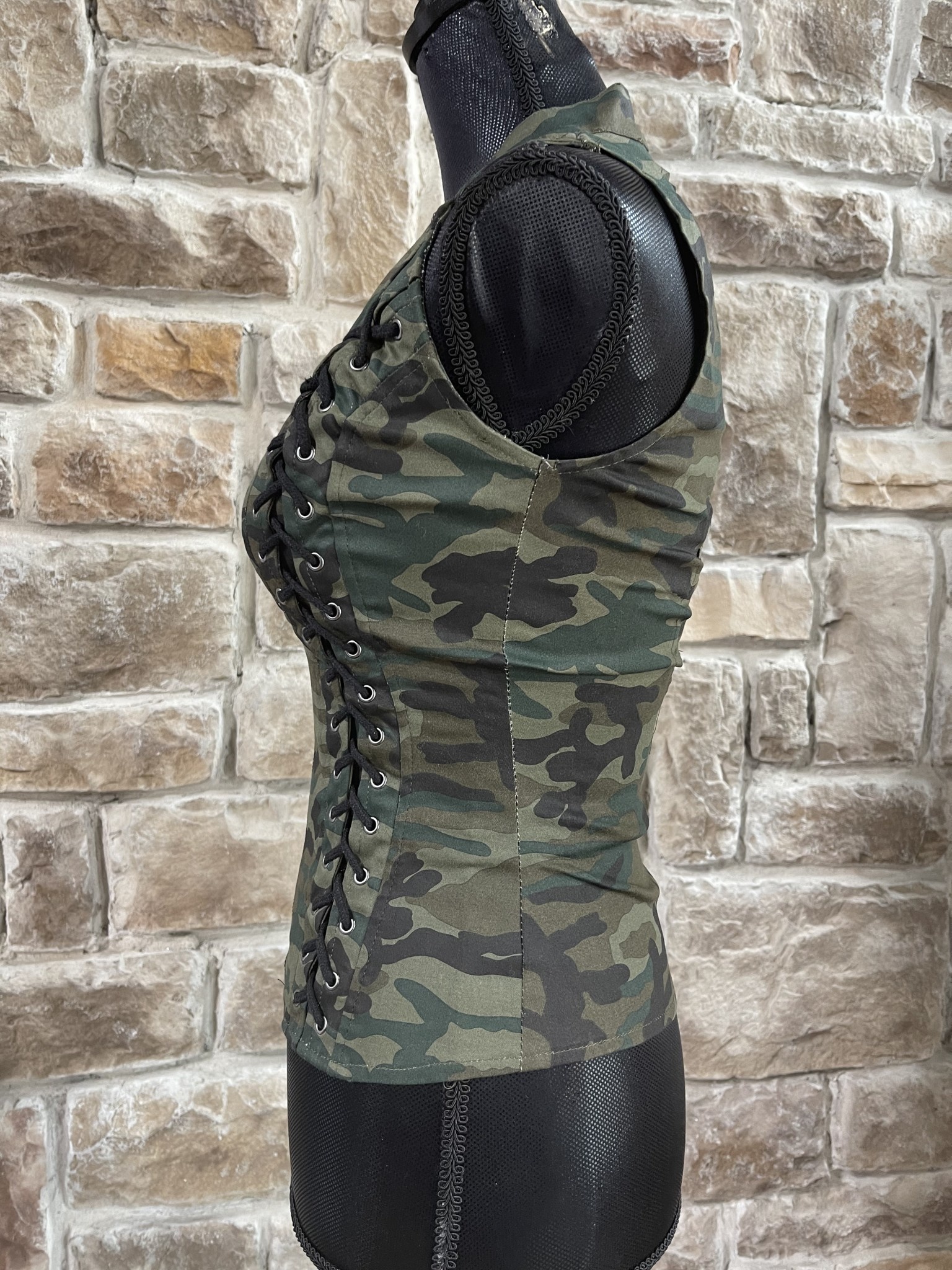 Lydia USA Green Camo Lace Up Vest with Criss Cross Open Back - Elements  Unleashed