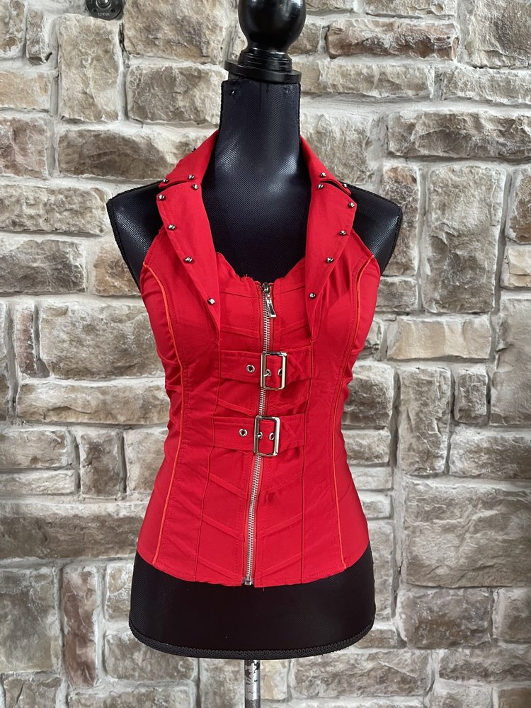 Lydia USA Red Halter Top with Rhinestone Trim Size S