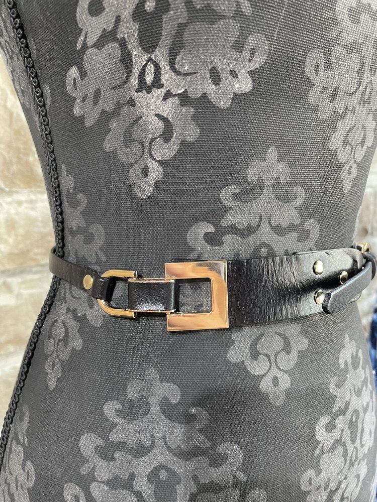 icco Accessories Black and Gold Metal Side Genuine Leather Belt, O/S