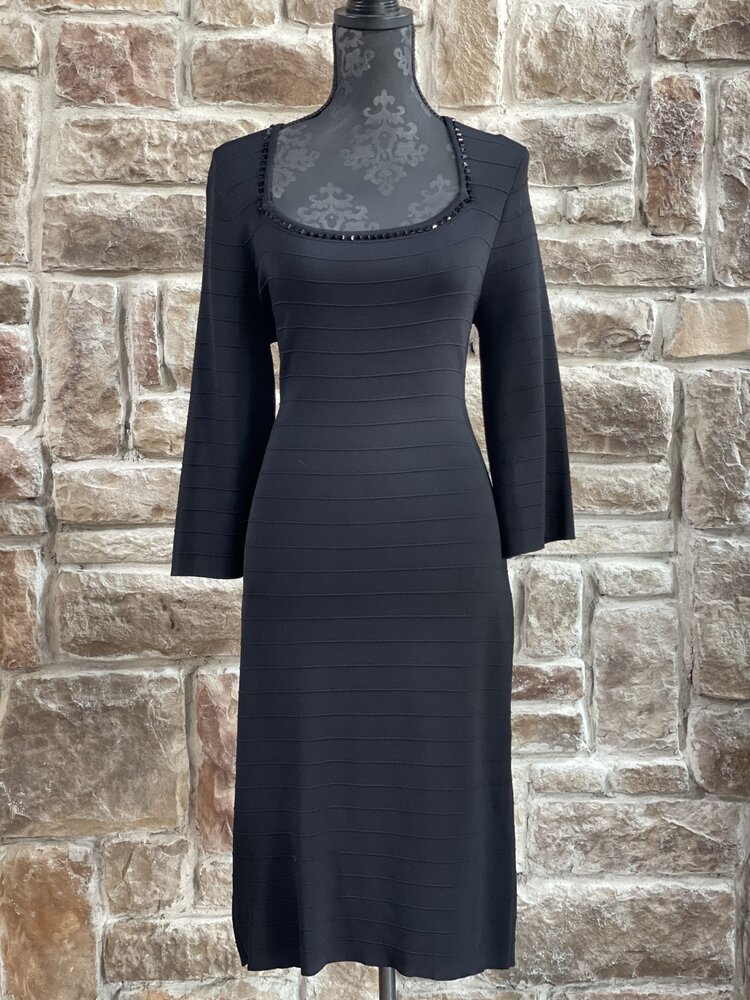 Mixt By Heidi Weisel Black Beaded Trim Square Neck Knit Bodycon Dress, Size XL