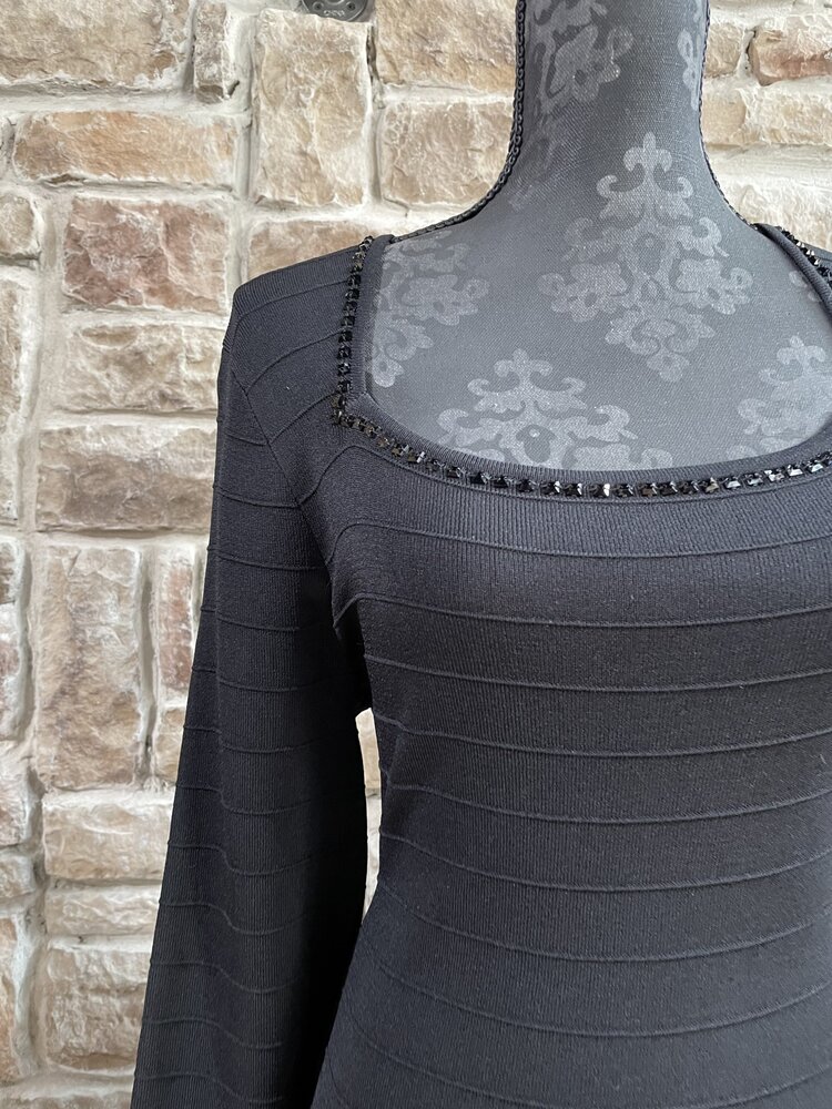 Mixt By Heidi Weisel Black Beaded Trim Square Neck Knit Bodycon Dress, Size XL