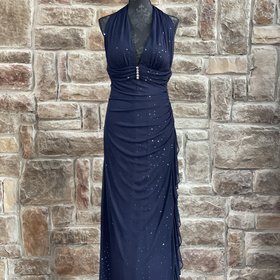 Dj-Jaz Navy Dotted Sequin Halter Open Back Gown, Size 14