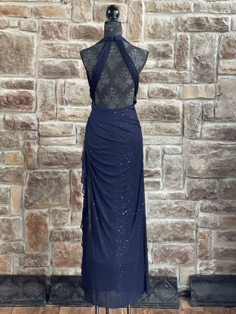 Dj-Jaz Navy Dotted Sequin Halter Open Back Gown, Size 14