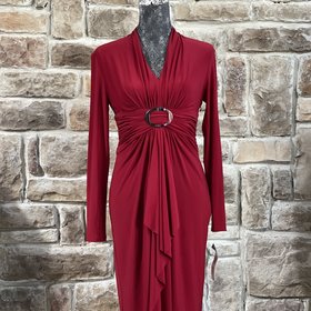 Jones New York Red Jersey Knit Front Ruched Silver Cirlce Dress, Size 4
