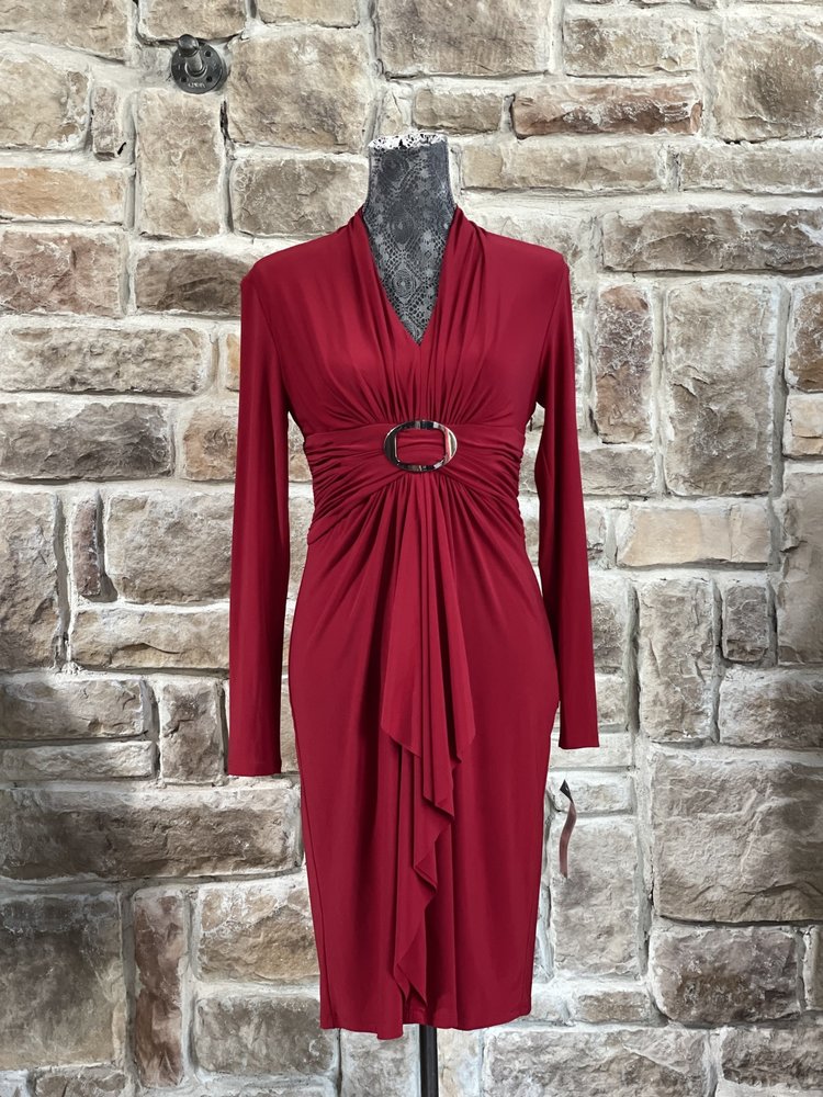 Jones New York Red Jersey Knit Front Ruched Silver Cirlce Dress, Size 4