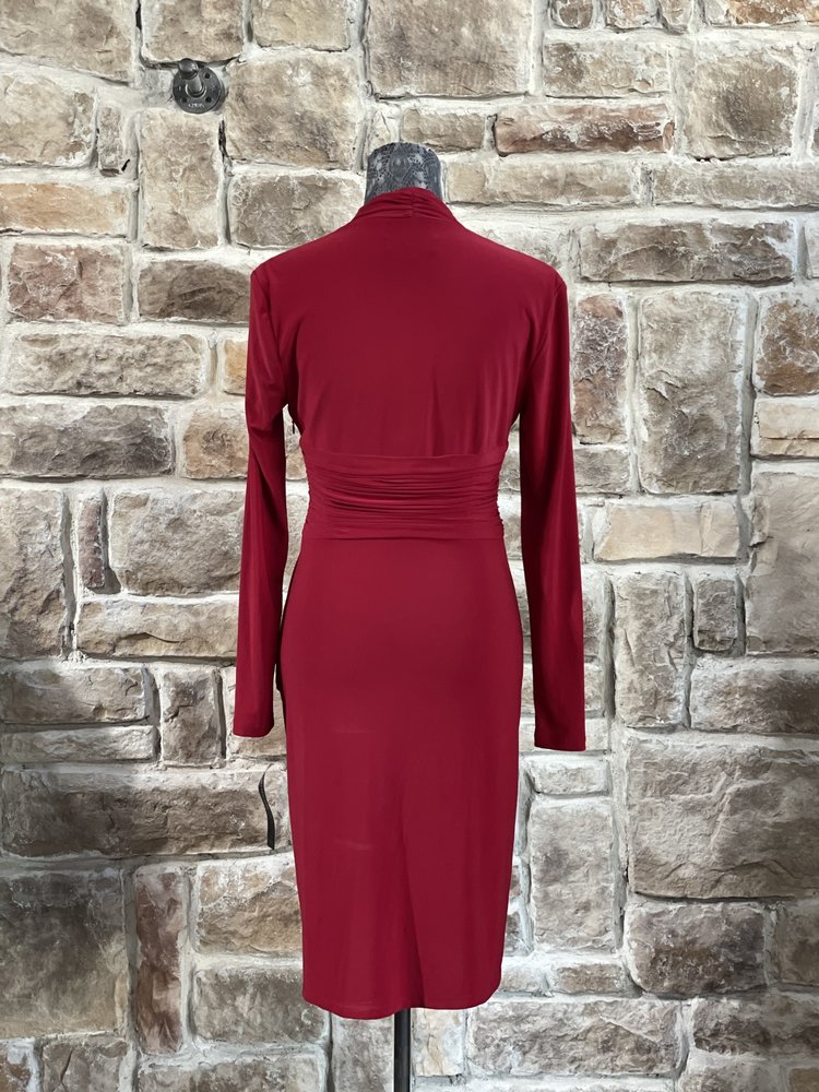 Jones New York Red Jersey Knit Front Ruched Silver Cirlce Dress, Size 4