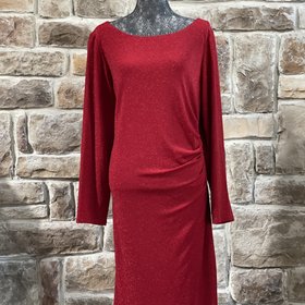 Jessica Howard Red Metallic Long Sleeve Ruched Shimmer Dress