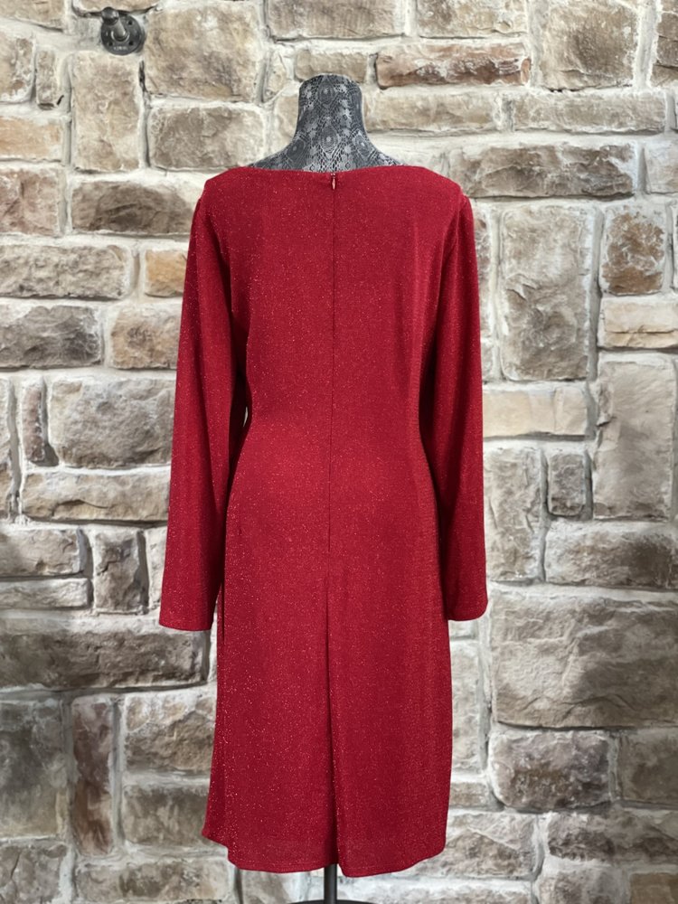 Jessica Howard Red Metallic Long Sleeve Ruched Shimmer Dress