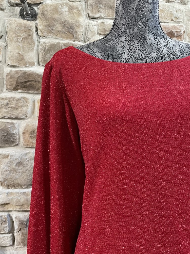 Jessica Howard Red Metallic Long Sleeve Ruched Shimmer Dress