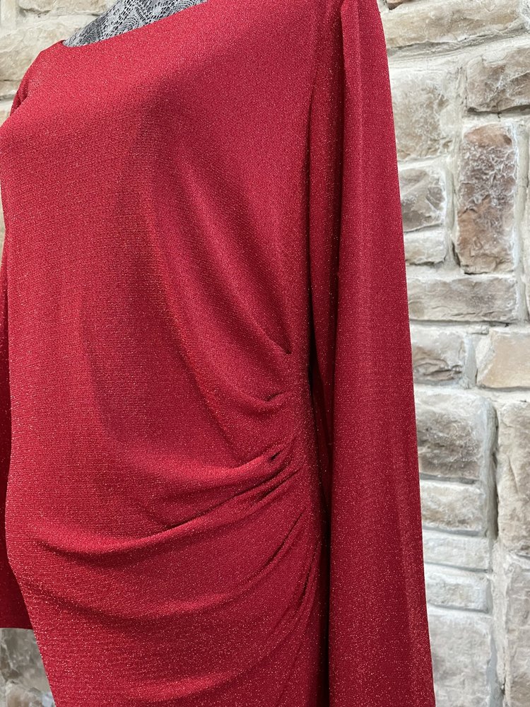 Jessica Howard Red Metallic Long Sleeve Ruched Shimmer Dress