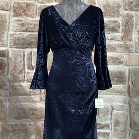 Anne Klein Navy Velvet Burnout Long Sleeve Dress, Size L