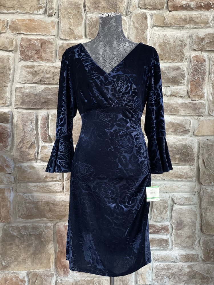 Anne Klein Navy Velvet Burnout Long Sleeve Dress, Size L