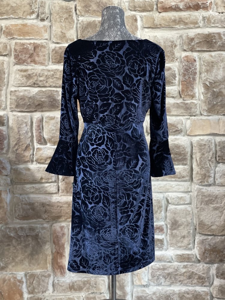 Anne Klein Navy Velvet Burnout Long Sleeve Dress, Size L