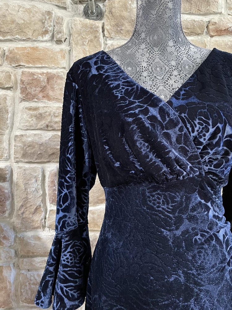 Anne Klein Navy Velvet Burnout Long Sleeve Dress, Size L