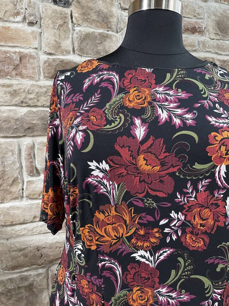 Connected Apparel Black Red Floral 3/4 Sleeve Dress, Size 20W