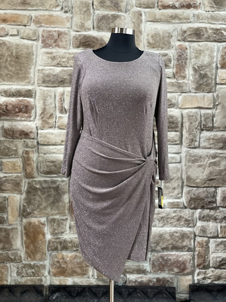 Betsy & Adam Taupe Shimmer Ruched Long Sleeve Dress