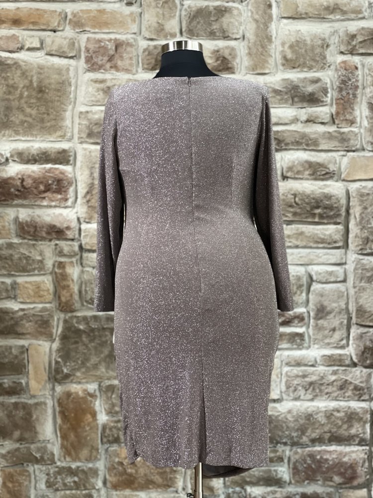 Betsy & Adam Taupe Shimmer Ruched Long Sleeve Dress