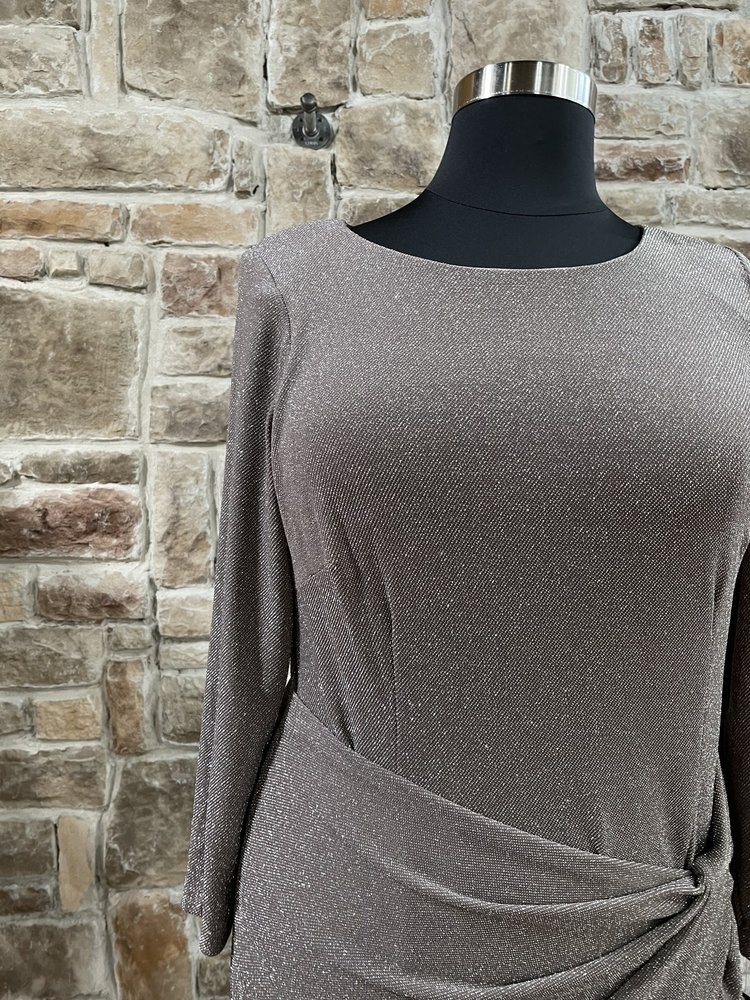 Betsy & Adam Taupe Shimmer Ruched Long Sleeve Dress