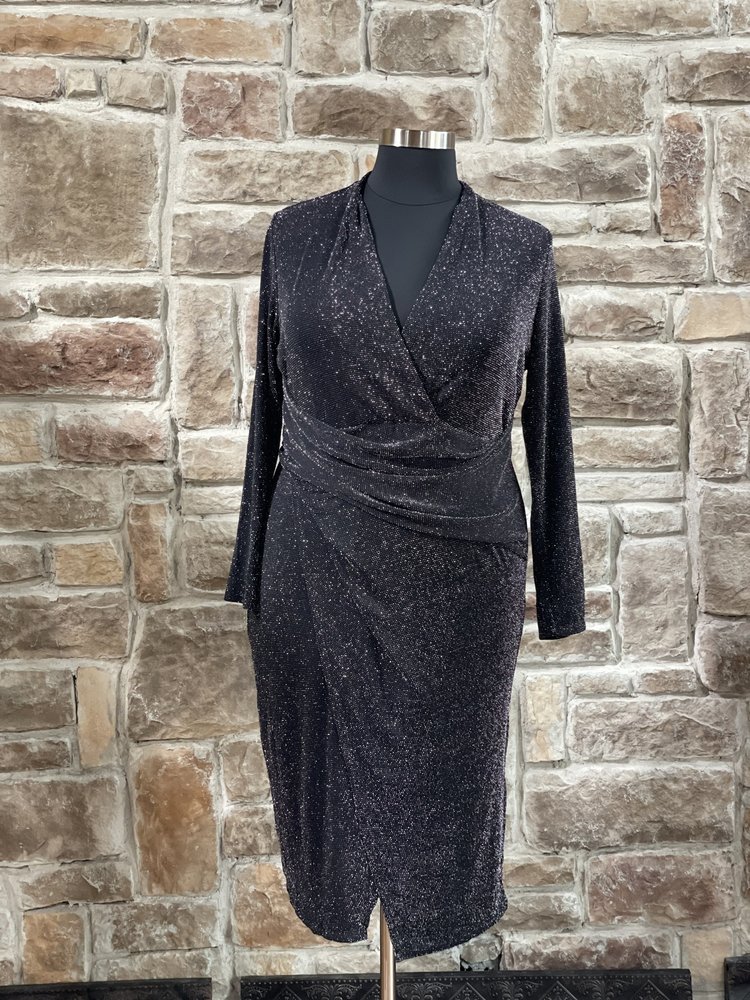 Rachel Roy Black Shimmer Ruched Long Sleeve Glitter Dress, Size 16W