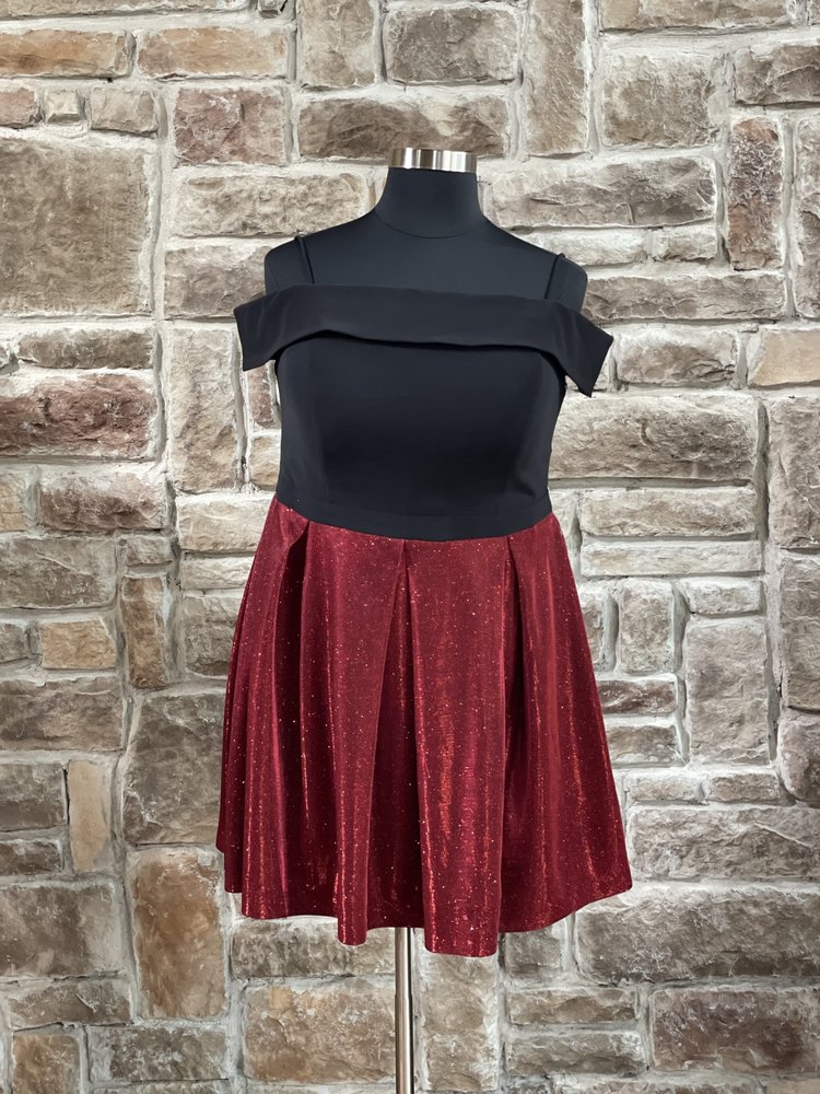 Morgan & Co. Black and Red Shimmer Skirt Cold Shoulder Dress, Size 16W