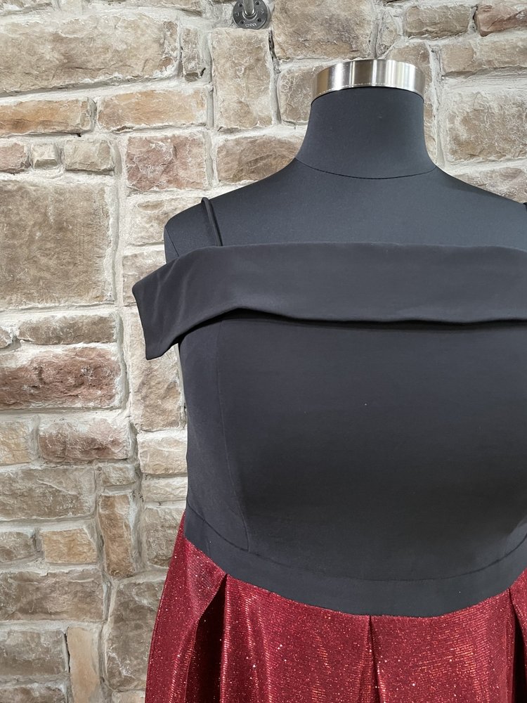 Morgan & Co. Black and Red Shimmer Skirt Cold Shoulder Dress, Size 16W