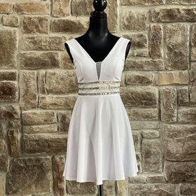 White 3 Row Rhinestone Mesh V Dress