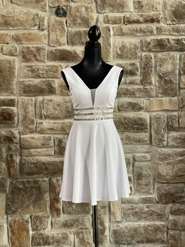 White 3 Row Rhinestone Mesh V Dress