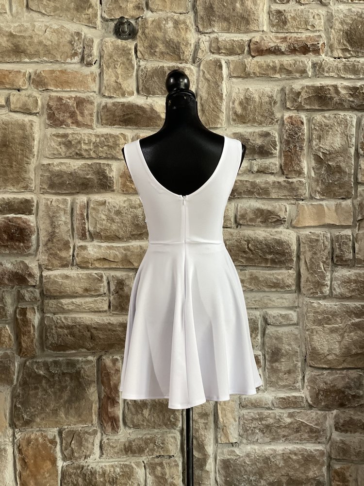 White 3 Row Rhinestone Mesh V Dress