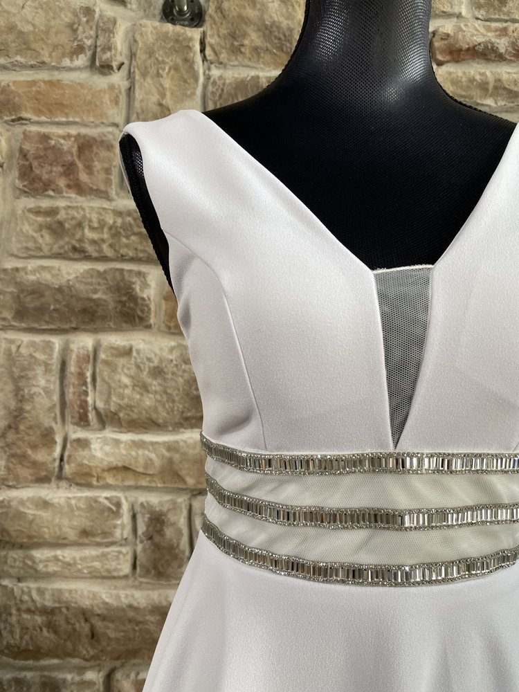 White 3 Row Rhinestone Mesh V Dress