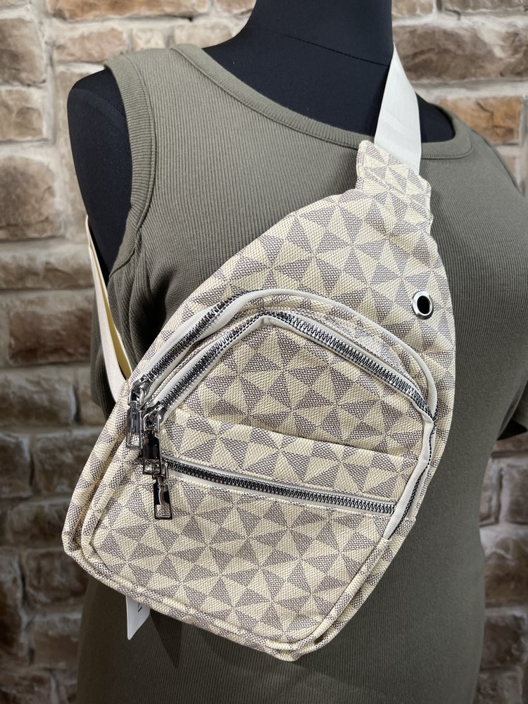 Luxie Collection Beige and Gray Patterned Sling Backpack w/ Silver Hardware