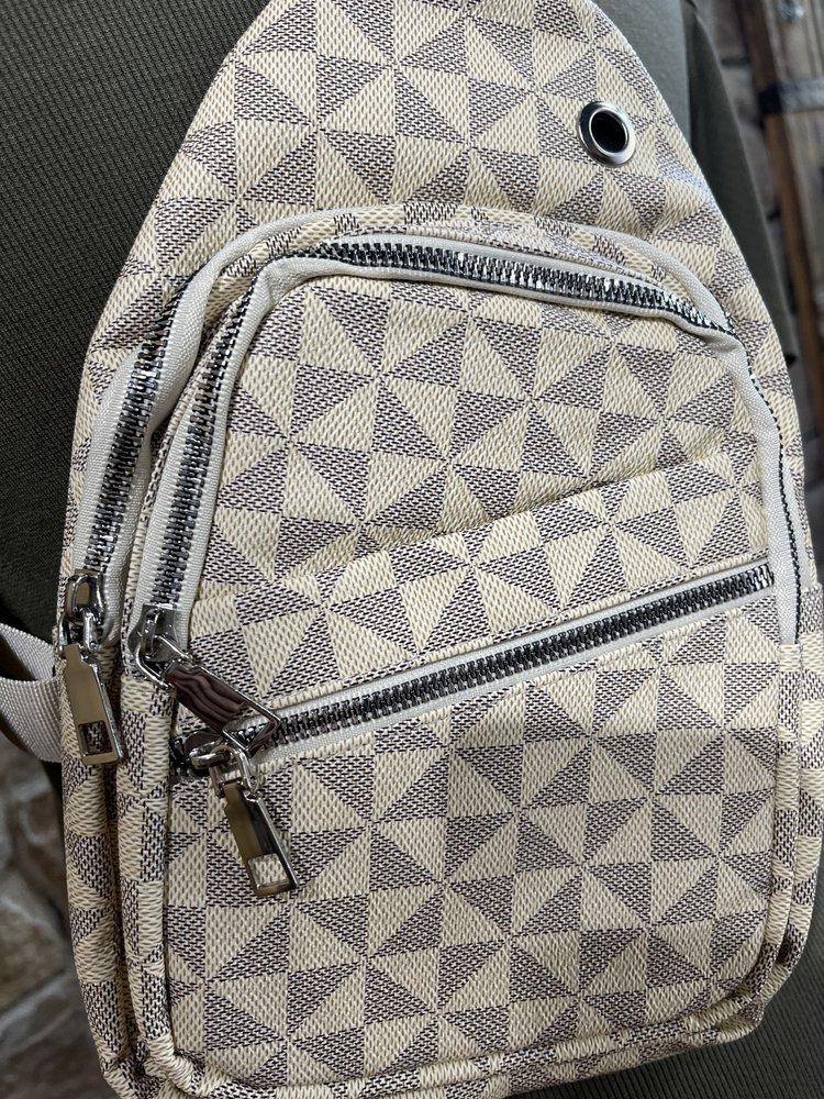 Luxie Collection Beige and Gray Patterned Sling Backpack w/ Silver Hardware