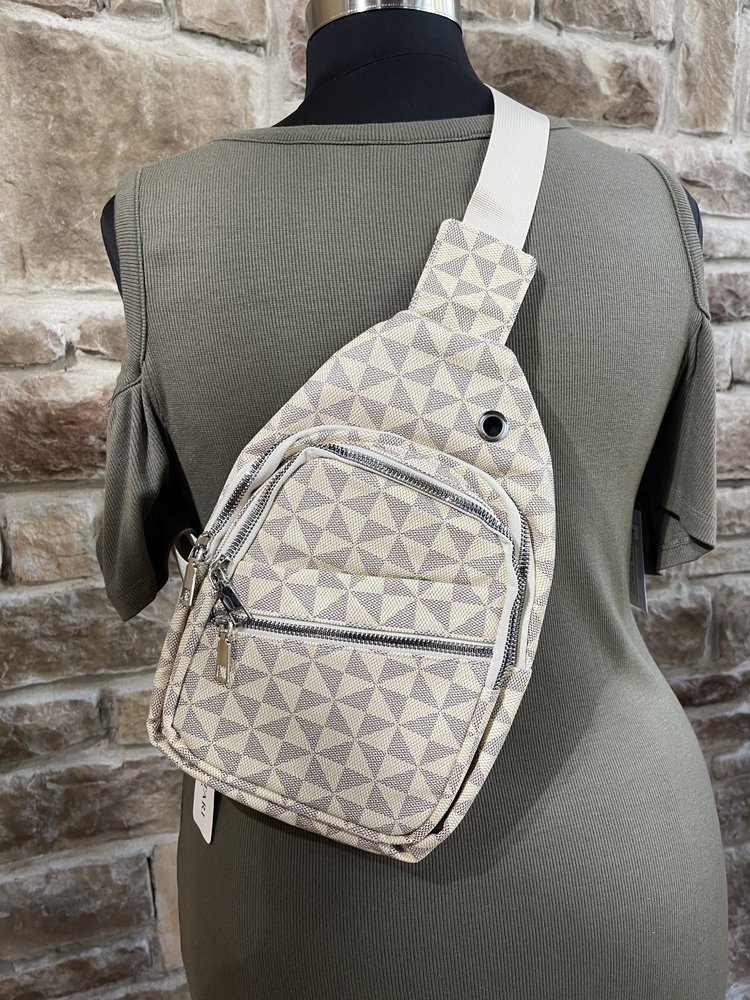 Luxie Collection Beige and Gray Patterned Sling Backpack w/ Silver Hardware