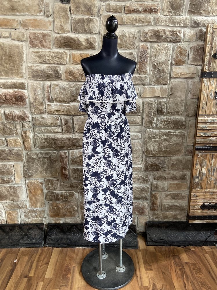Chelsea 28 White and Navy Floral Off the Shoulder Dress, Size 20